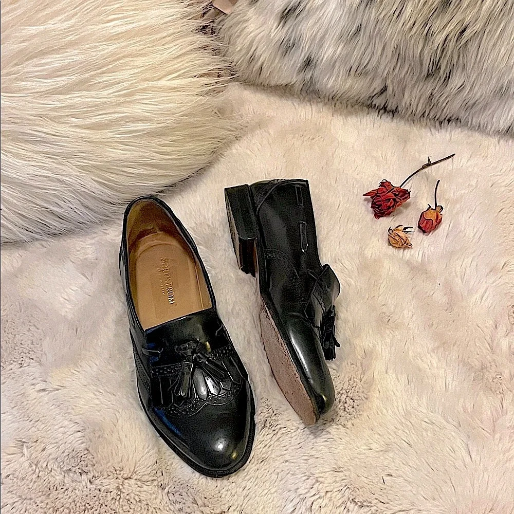 Nordstrom Italy Men’s Black Leather Slip On Wingtip Kiltie Tassel Oxford Loafers
